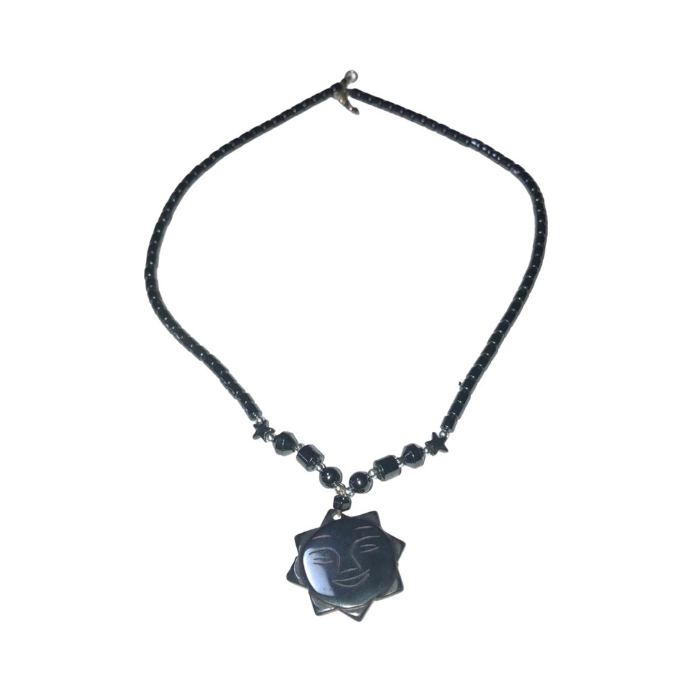 Shiny Dark Gray Magnetite Magnetic Hematite Beaded Necklace smiley face